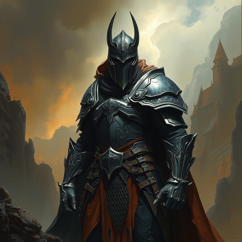 Mystical Warrior in Dark Fantasy Landscape