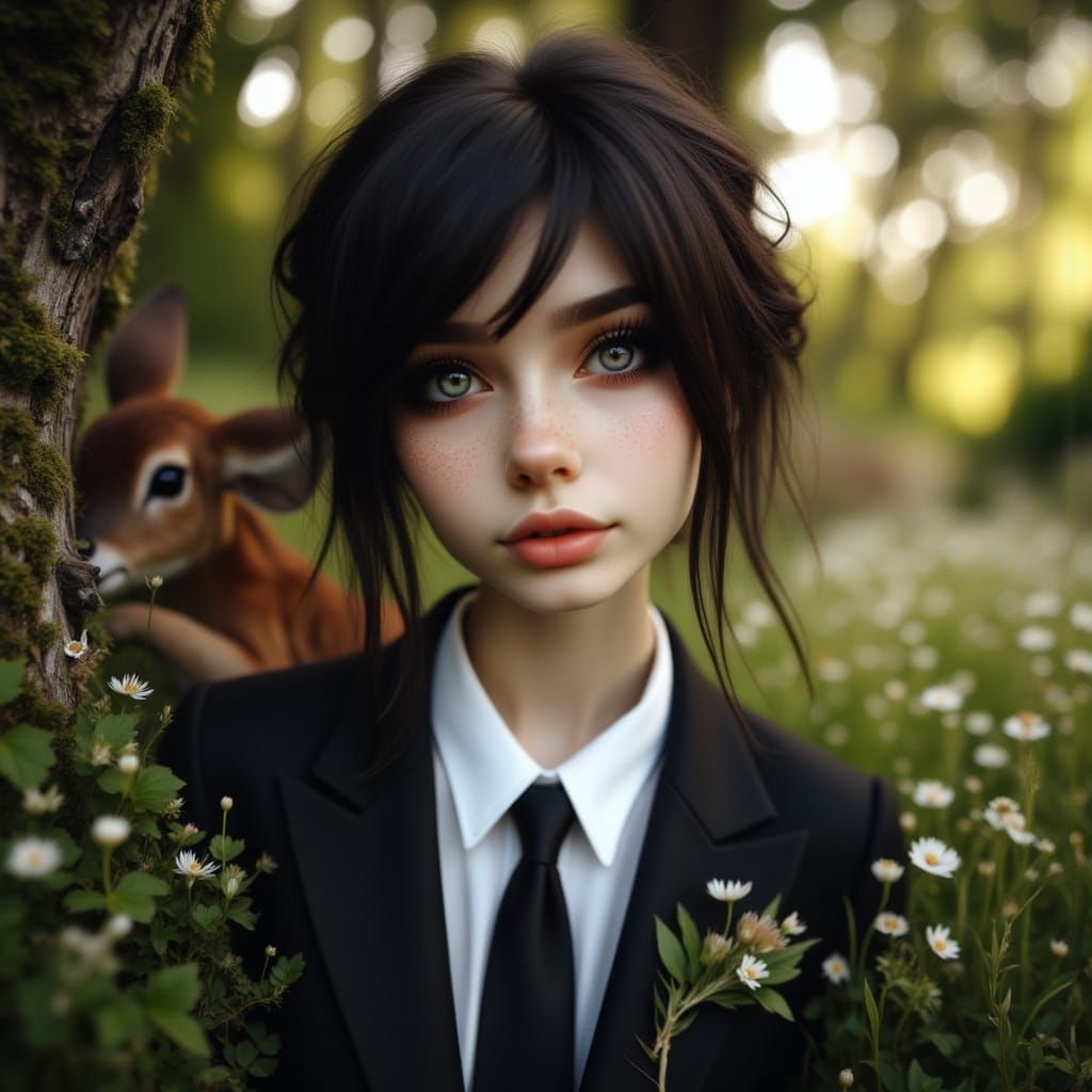 Bashful Woman in Suit Amidst Forest Flowers