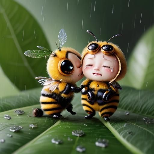 Crying Anthropomorphic Bees Hugging in the Rain