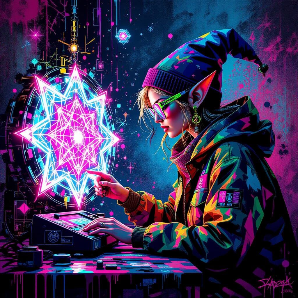 Geometric Elf Operating Neon Fractal Machine in Street Art