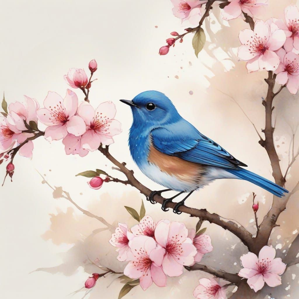 Surreal Bluebird Amidst Blossoming Orchard in Watercolor Sty...
