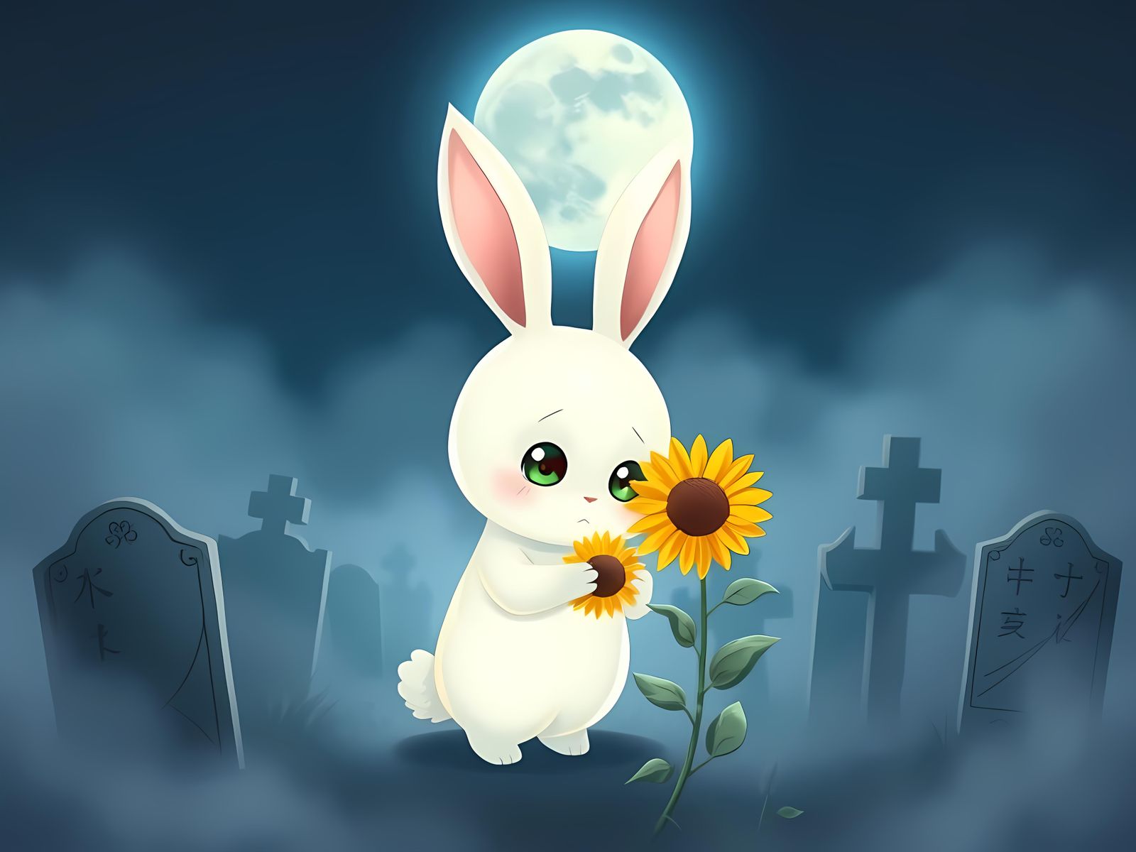 Ethereal Chibi Rabbit in Misty Cemetery