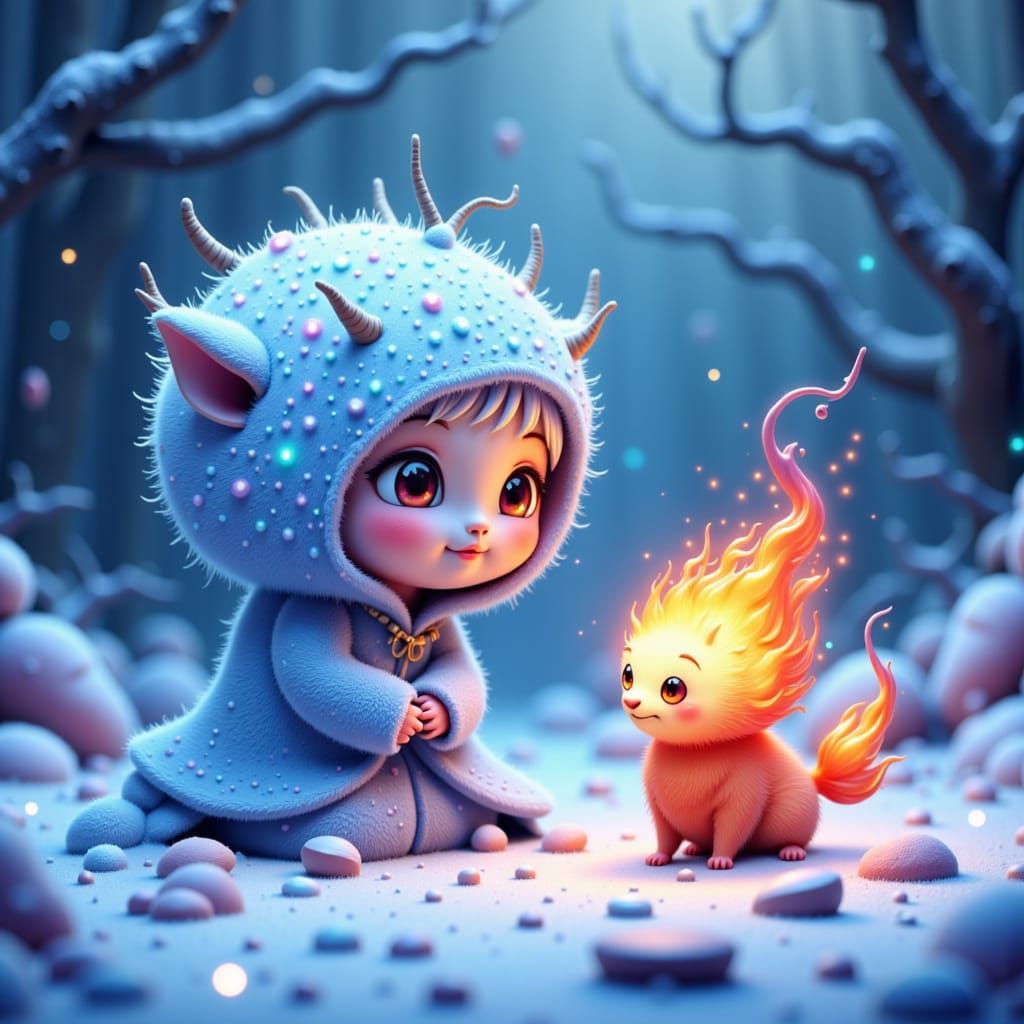 Fluffy Snowflake Meets Flame Critter in Dreamy Pastel Scene