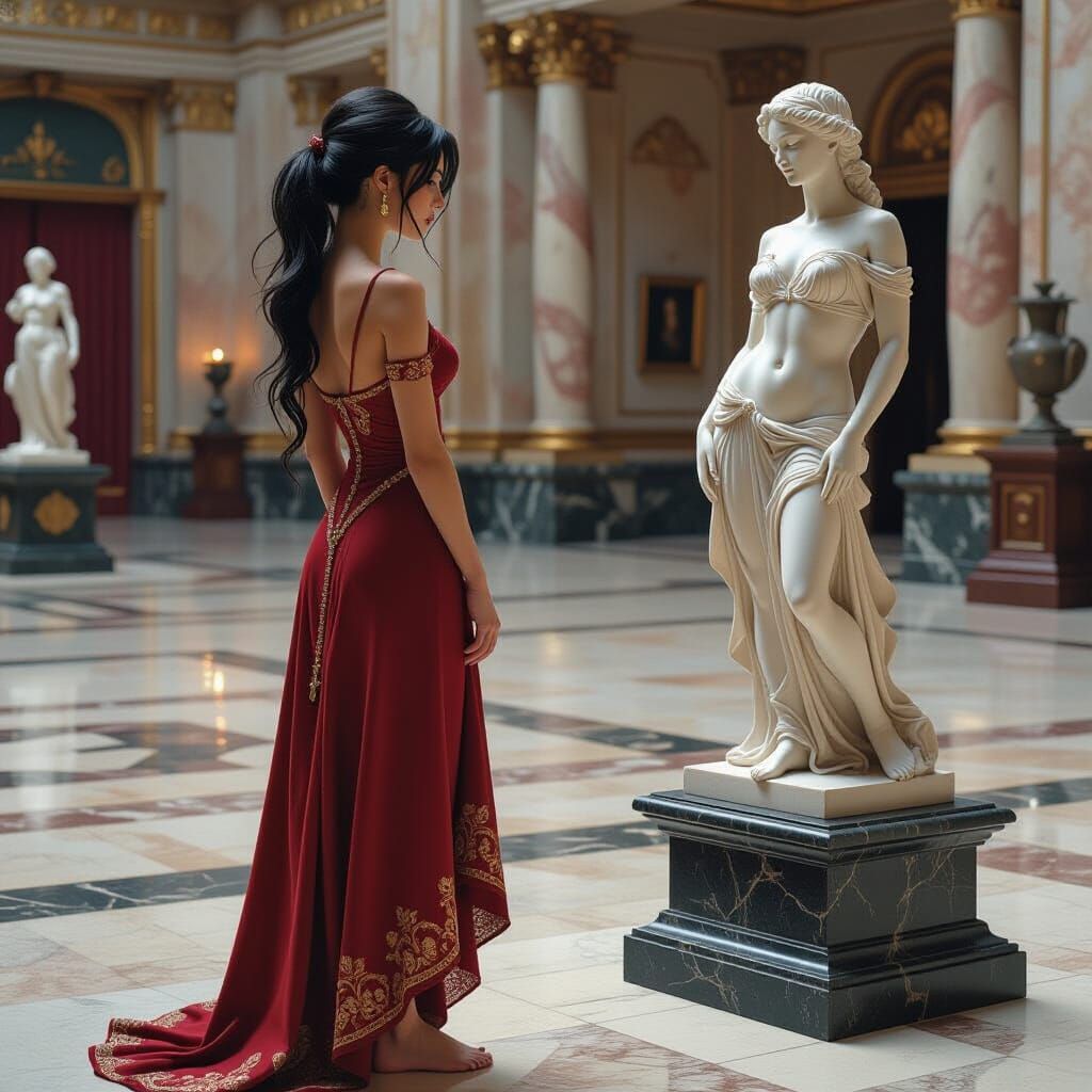 Elf Admiring Statue in Fantasy Oil Painting