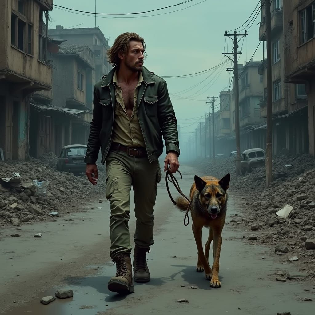 War-Torn Survivor Walks Desolate Street at Dusk