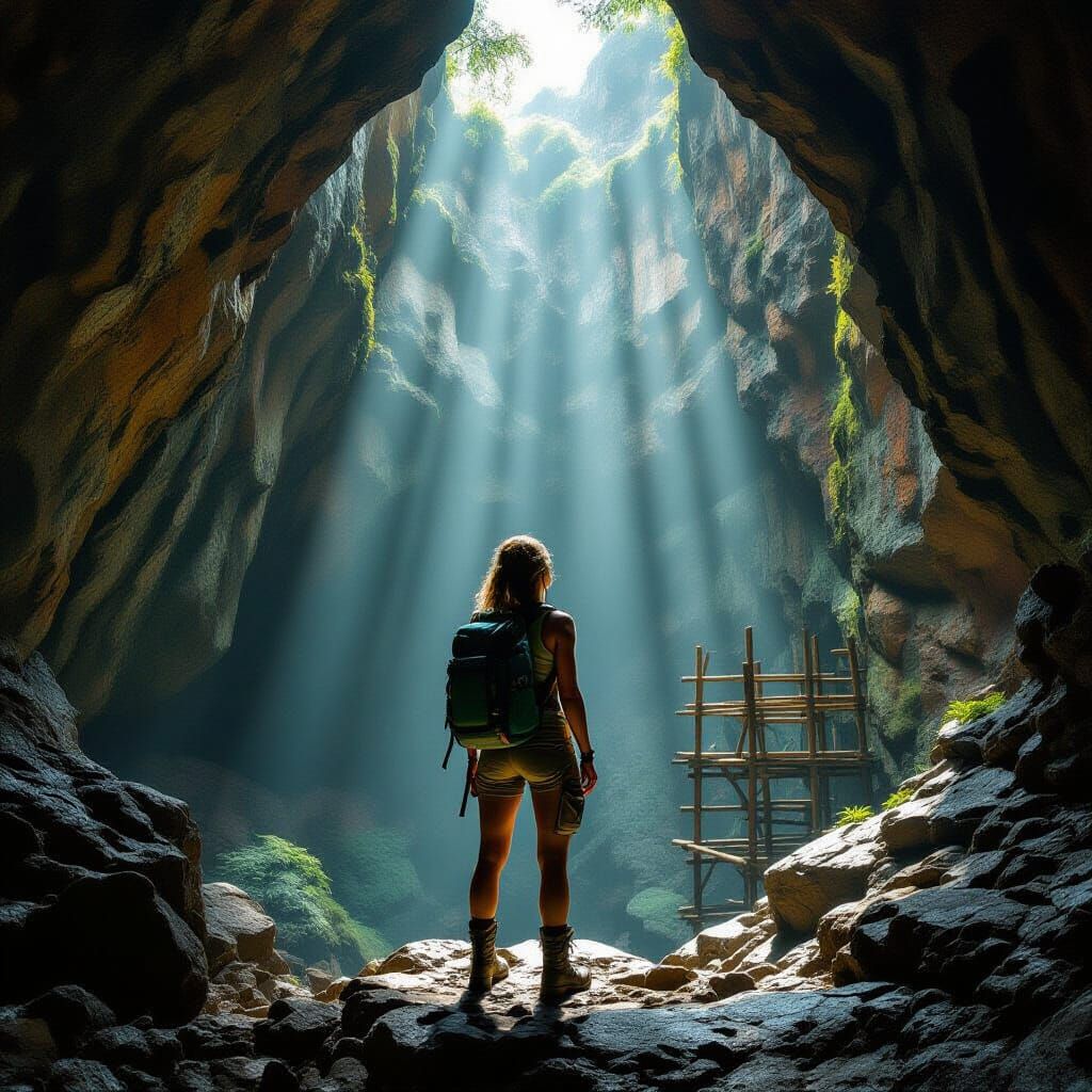 Lone Hiker in Towering Cavern, Cinematic Lighting