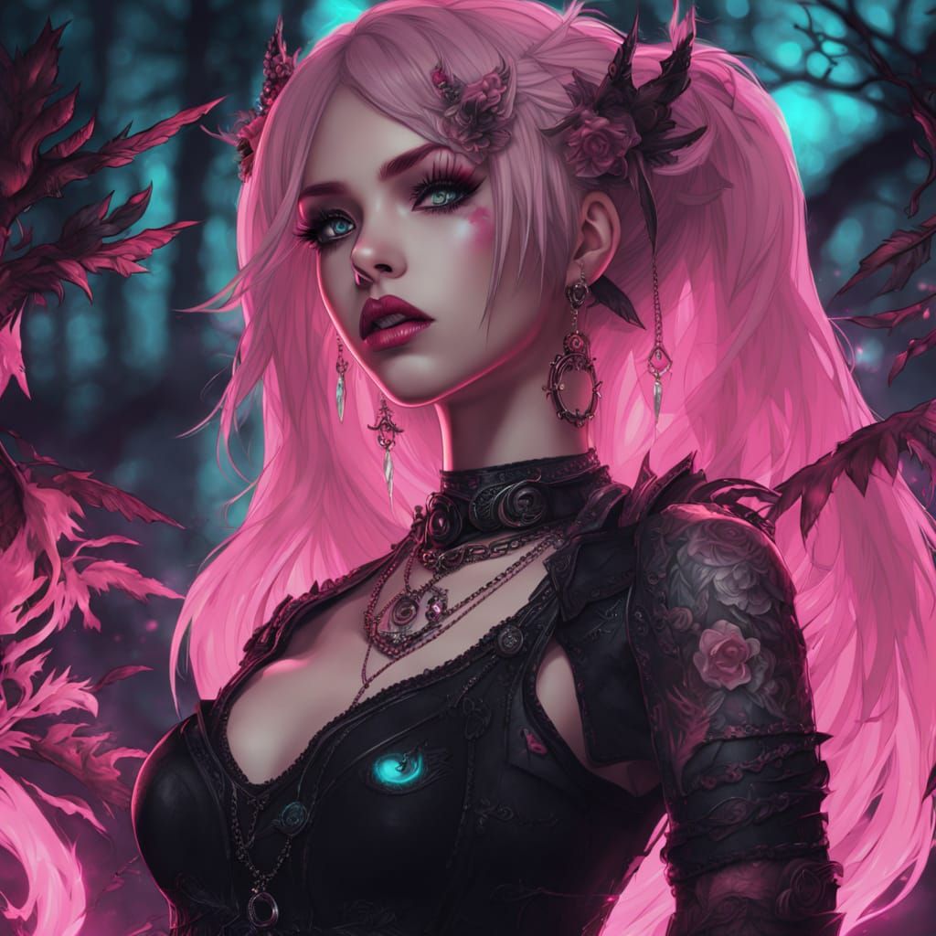 Gothic Punk Anime Girl in Dark Fantasy Forest