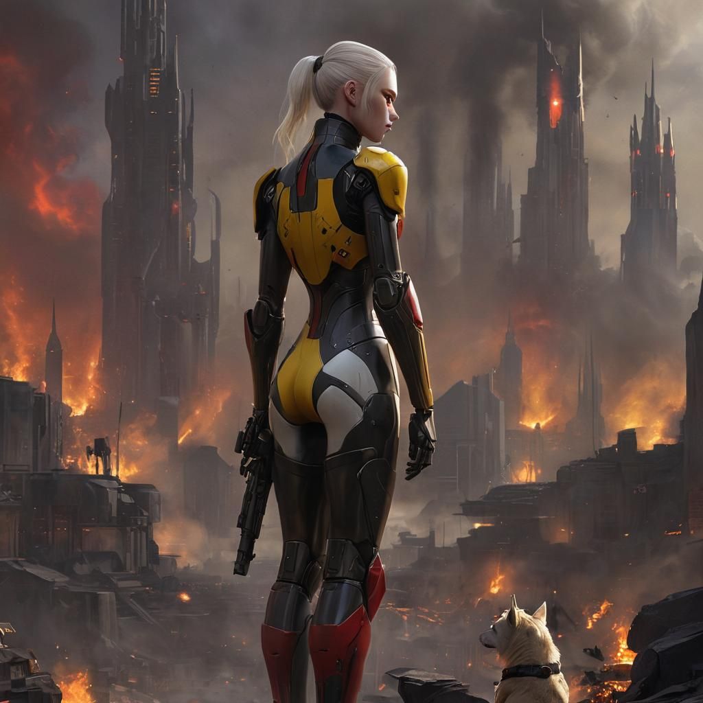 Cyberpunk Warrior Stands Amidst Burning Metropolis