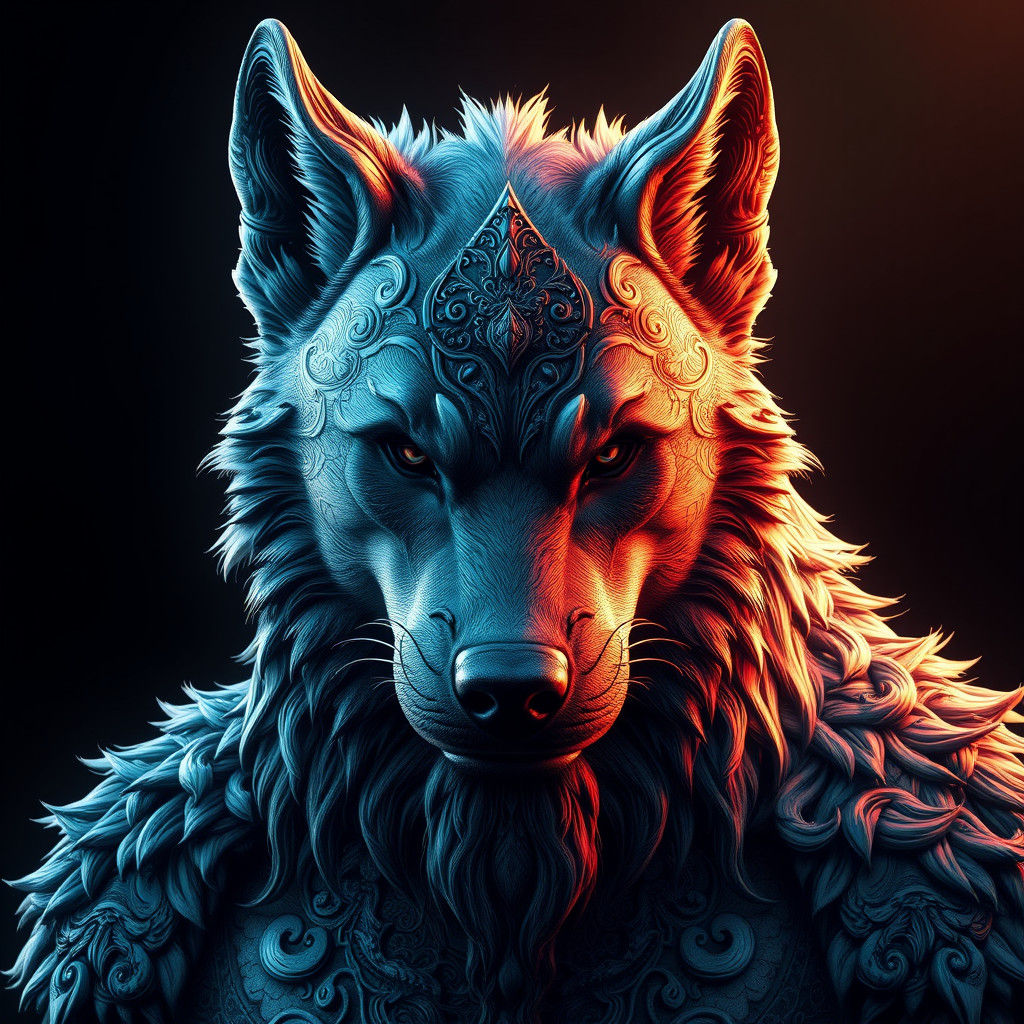 Wolf Viking Hybrid Portrait in Art Nouveau Style