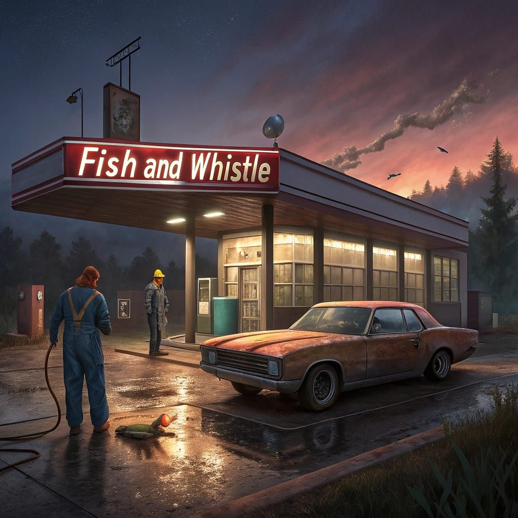 Sun-bleached 1970s Gas Station at Dusk