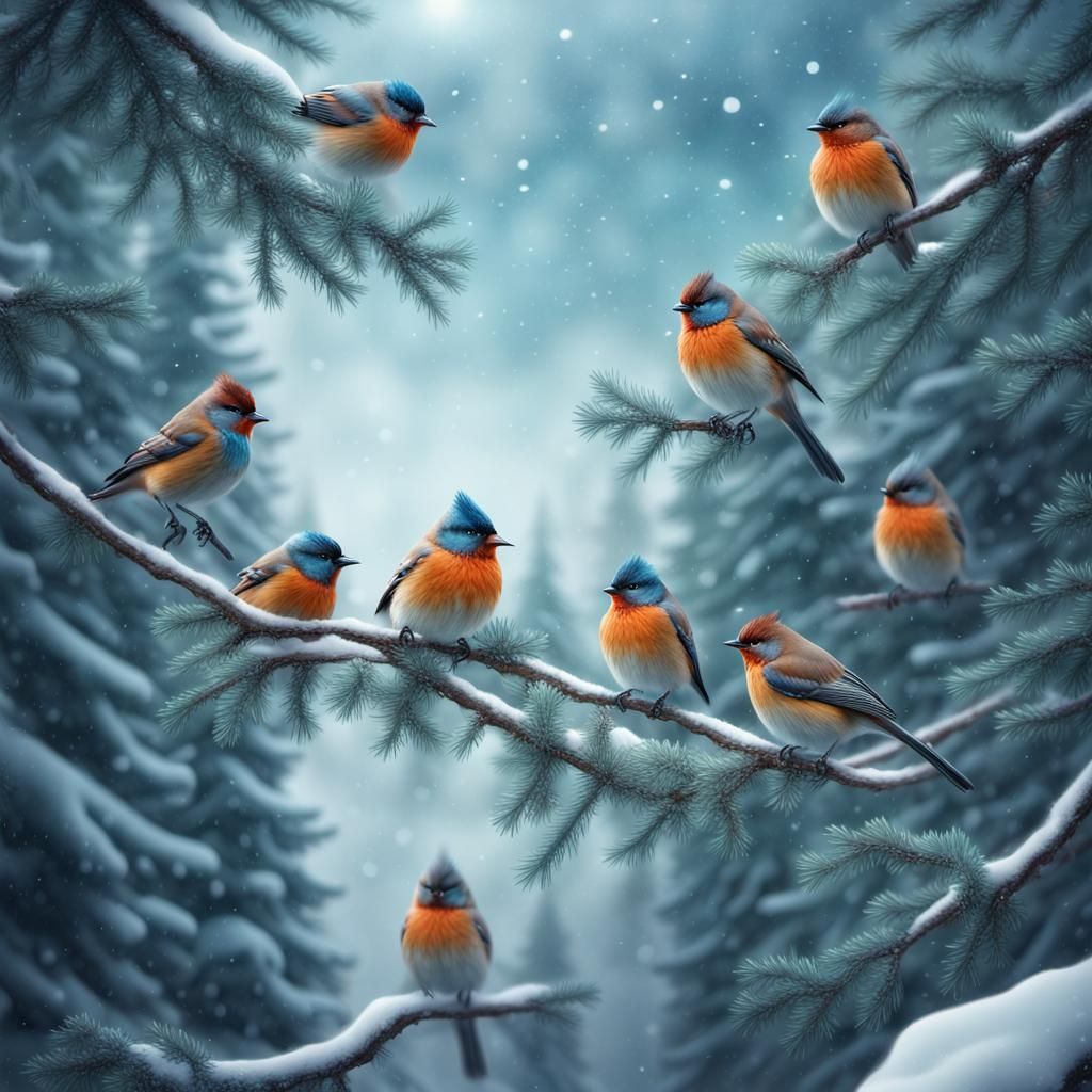 Glowing Birds in Winter Wonderland: Digital Painting