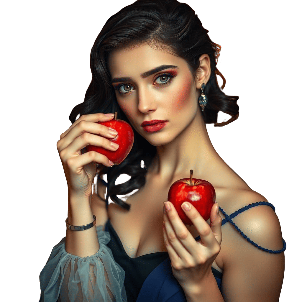 Elegant Lady in Evening Gown Holding a Red Apple