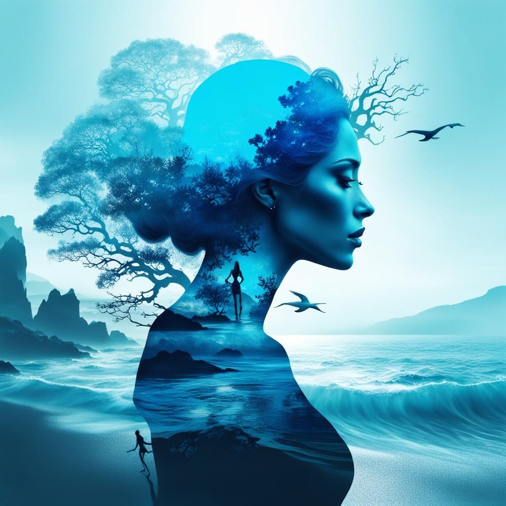 Fantastical Ocean Double Exposure Silhouette Art