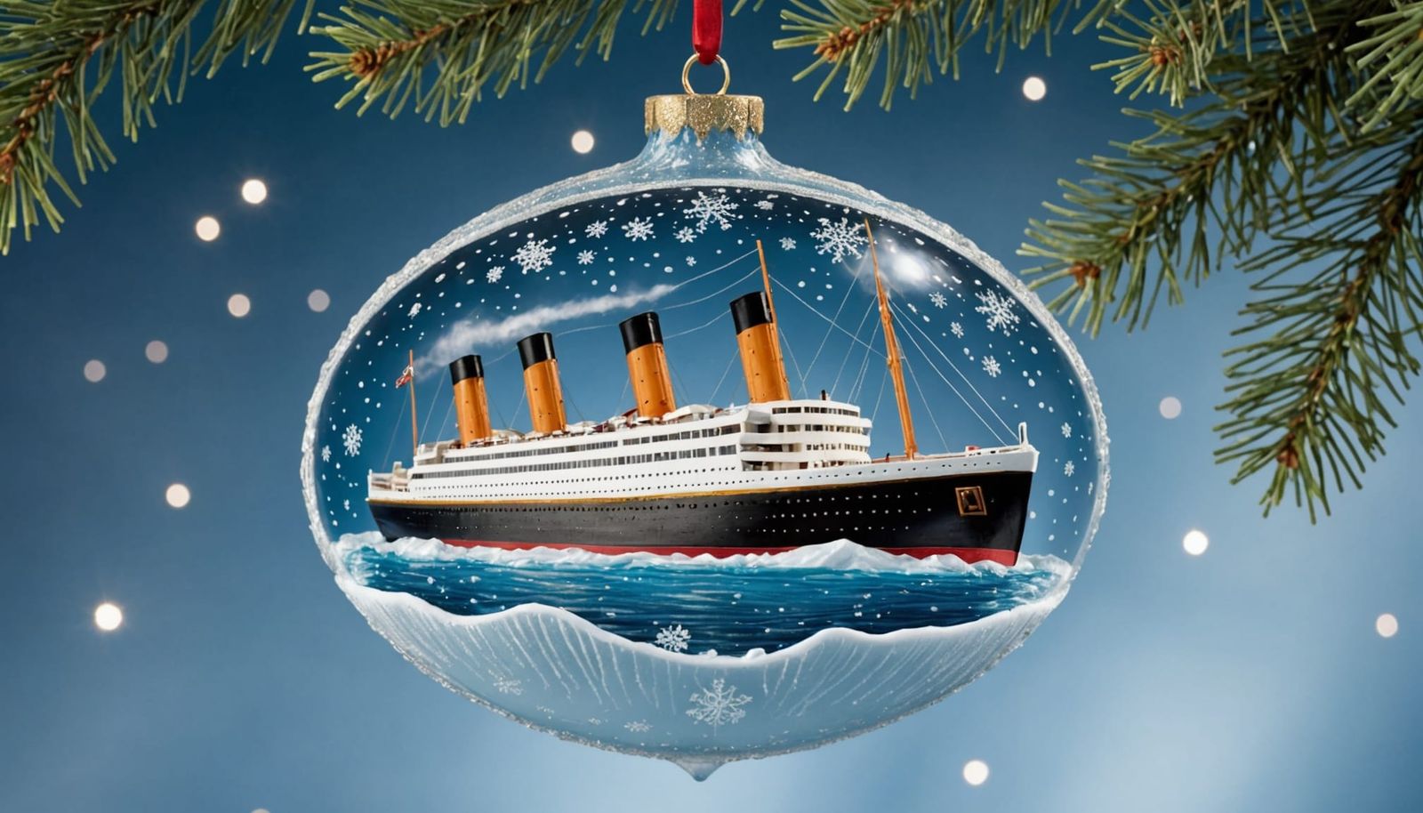 Glass Christmas Ornament Depicts Titanic in Winter Wonderlan...