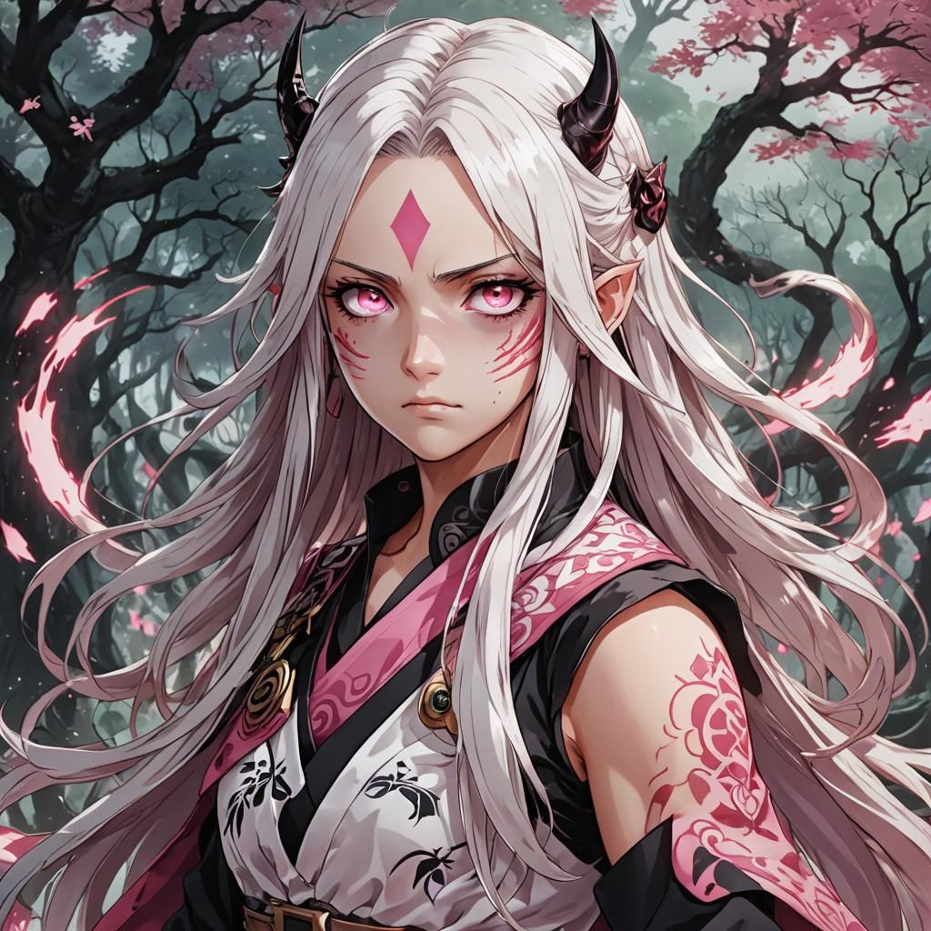 Anime Demon Slayer with Pink Eyes and White Hair