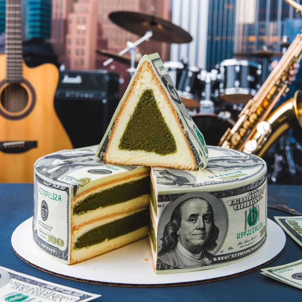 Money Cake with Green Filling and Cityscape Background