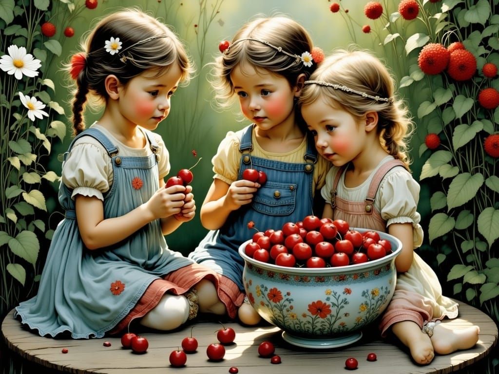 Children Enjoying Cherries in Lush Summer Garden