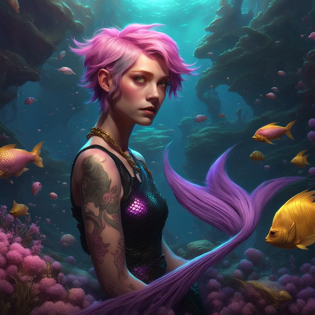 Mermaid with Pink Hair in Dark Fantasy Style