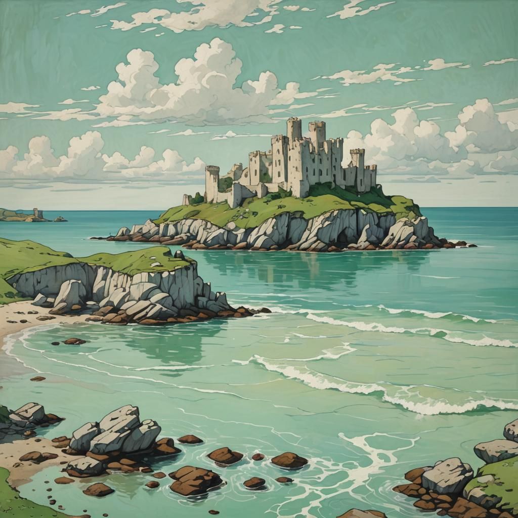 Island Castle Ruins in Art Nouveau Rococo Style