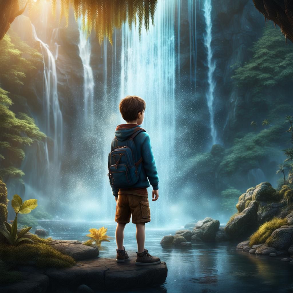 Boy Behind Waterfall in Detailed Matte Painting