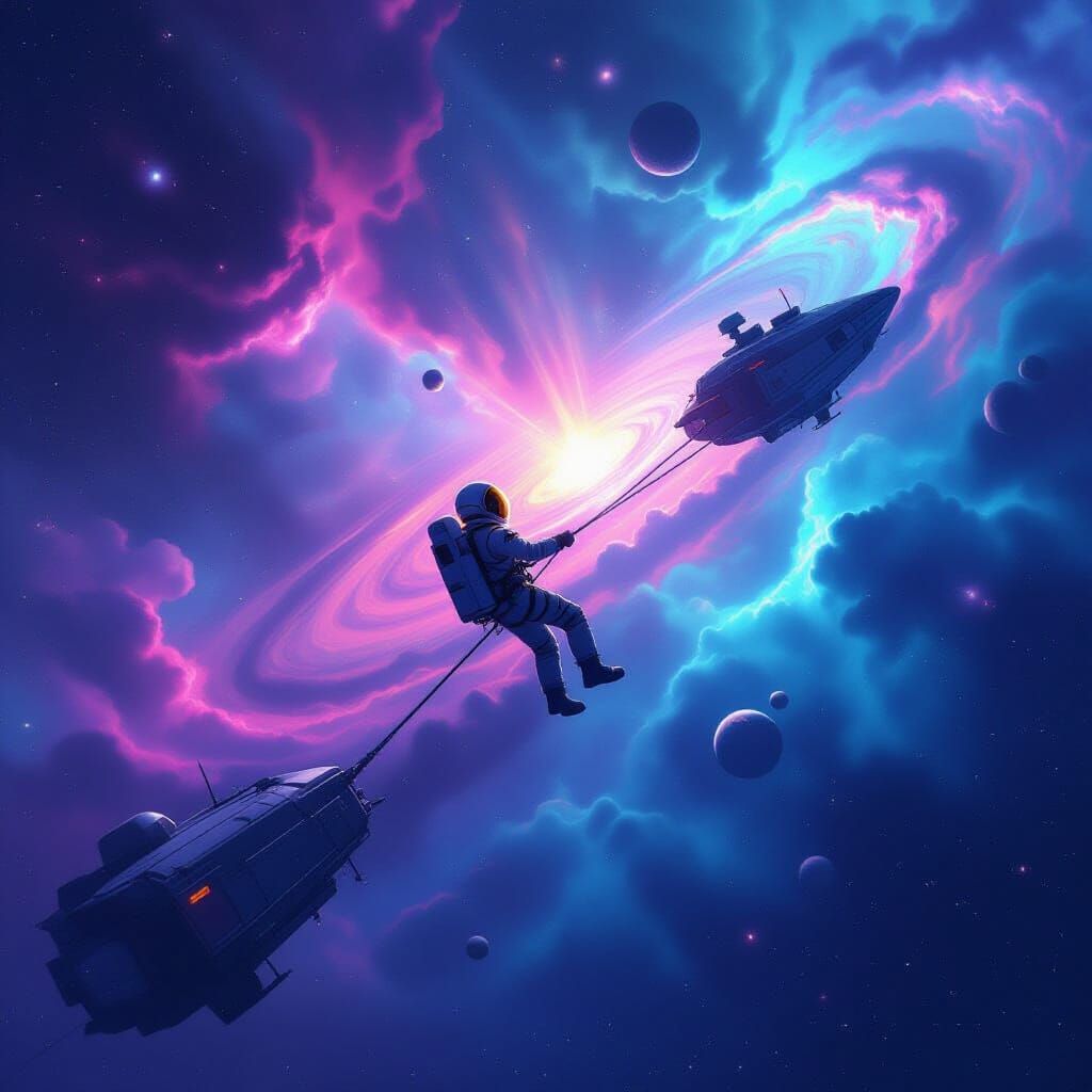 Astronaut Adrift Near Derelict Ship Amidst Swirling Nebulae