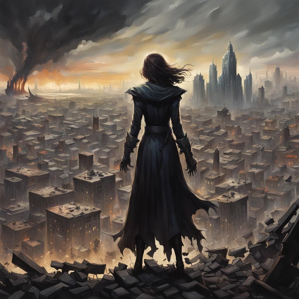 Triumphant Villain in Destroyed City, Dark Fantasy Art