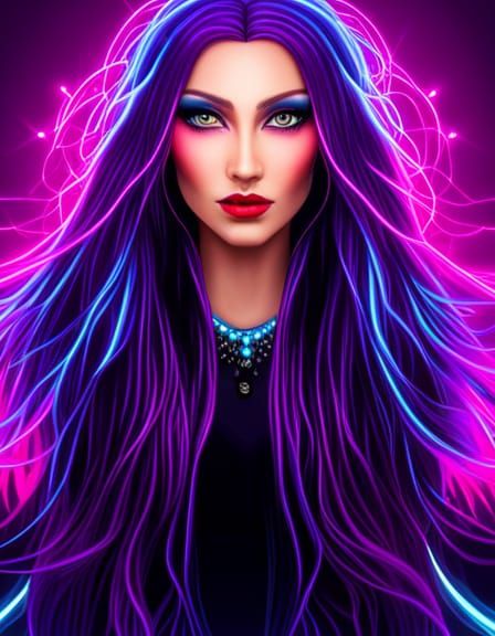 Neon Cyberpunk Goddess with Flowing Hair