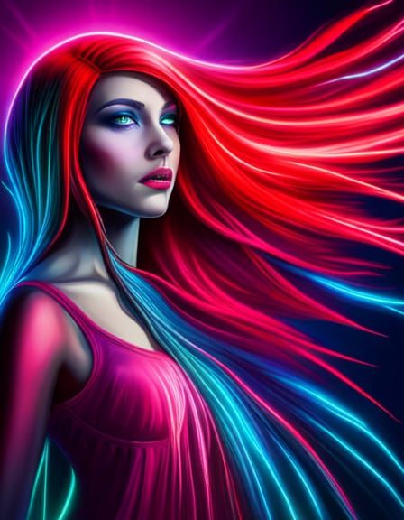 Neon Cyberpunk Goddess with Flowing Hair