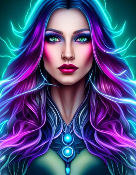 Neon Cyberpunk Goddess with Flowing Hair