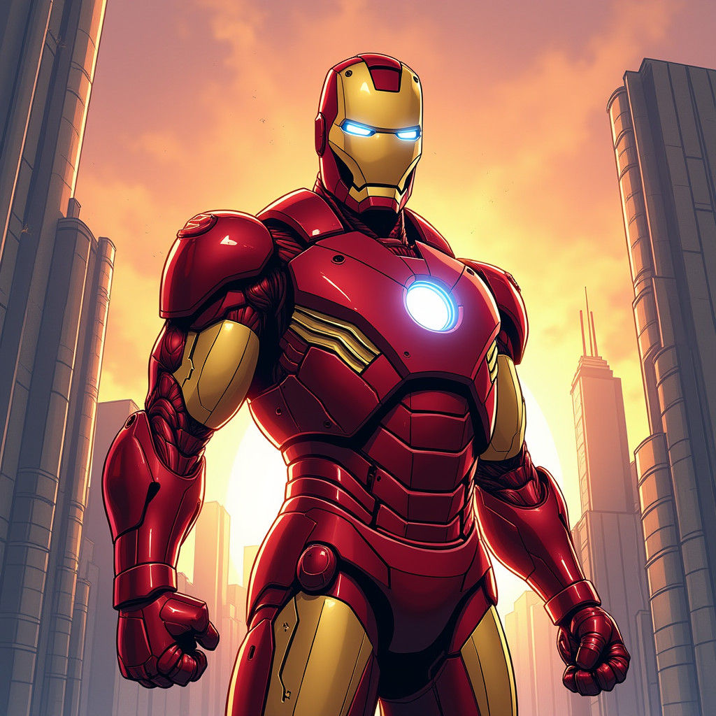Iron Man in High-Tech Cityscape Comic Book Art