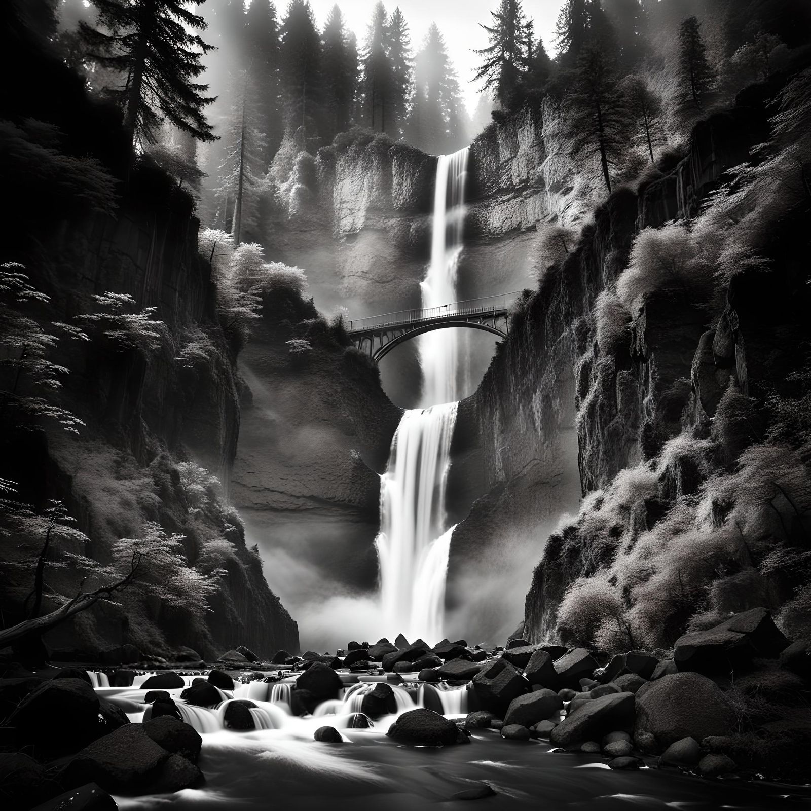 Dramatic Black and White Multnomah Falls Landscape