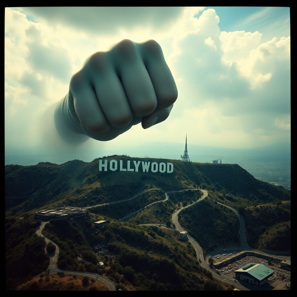 Hollywood Destroyed by Giant Fist in a Turbulent Sky