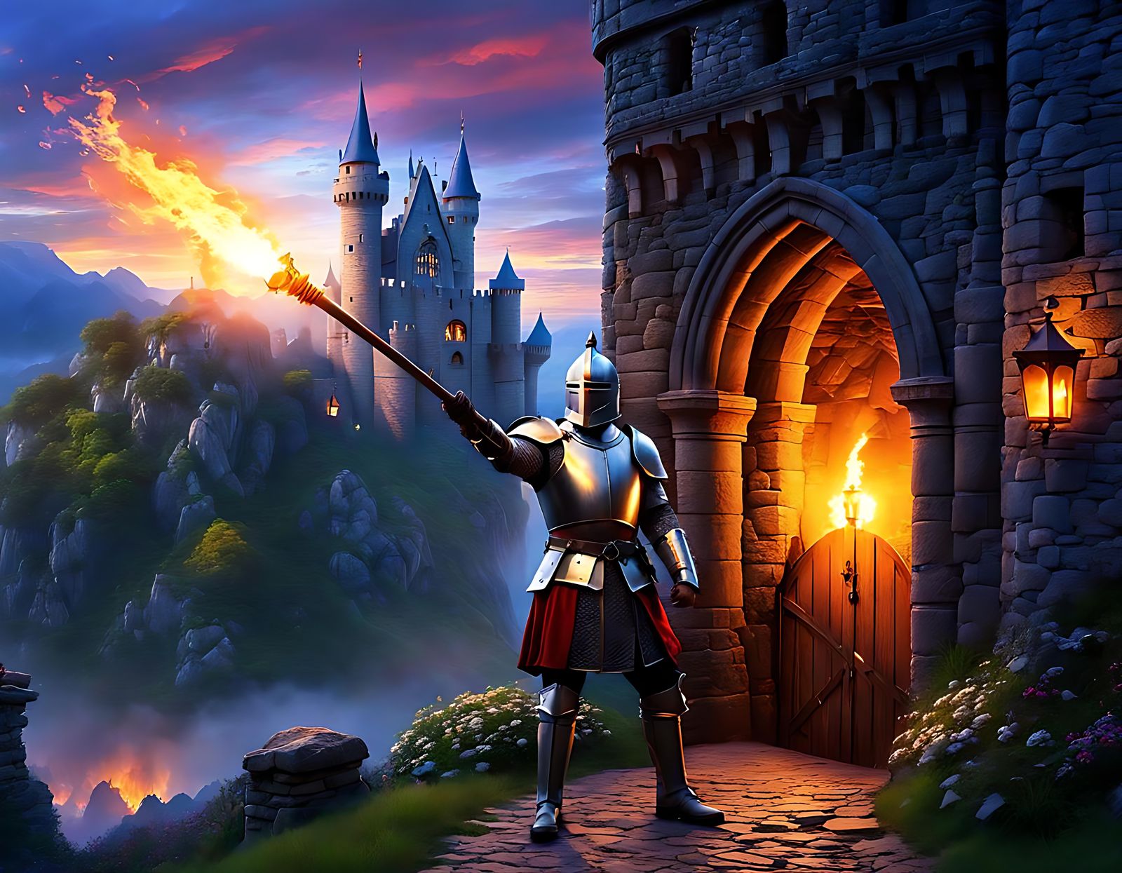 Knight with Torch in Dark Medieval Castle