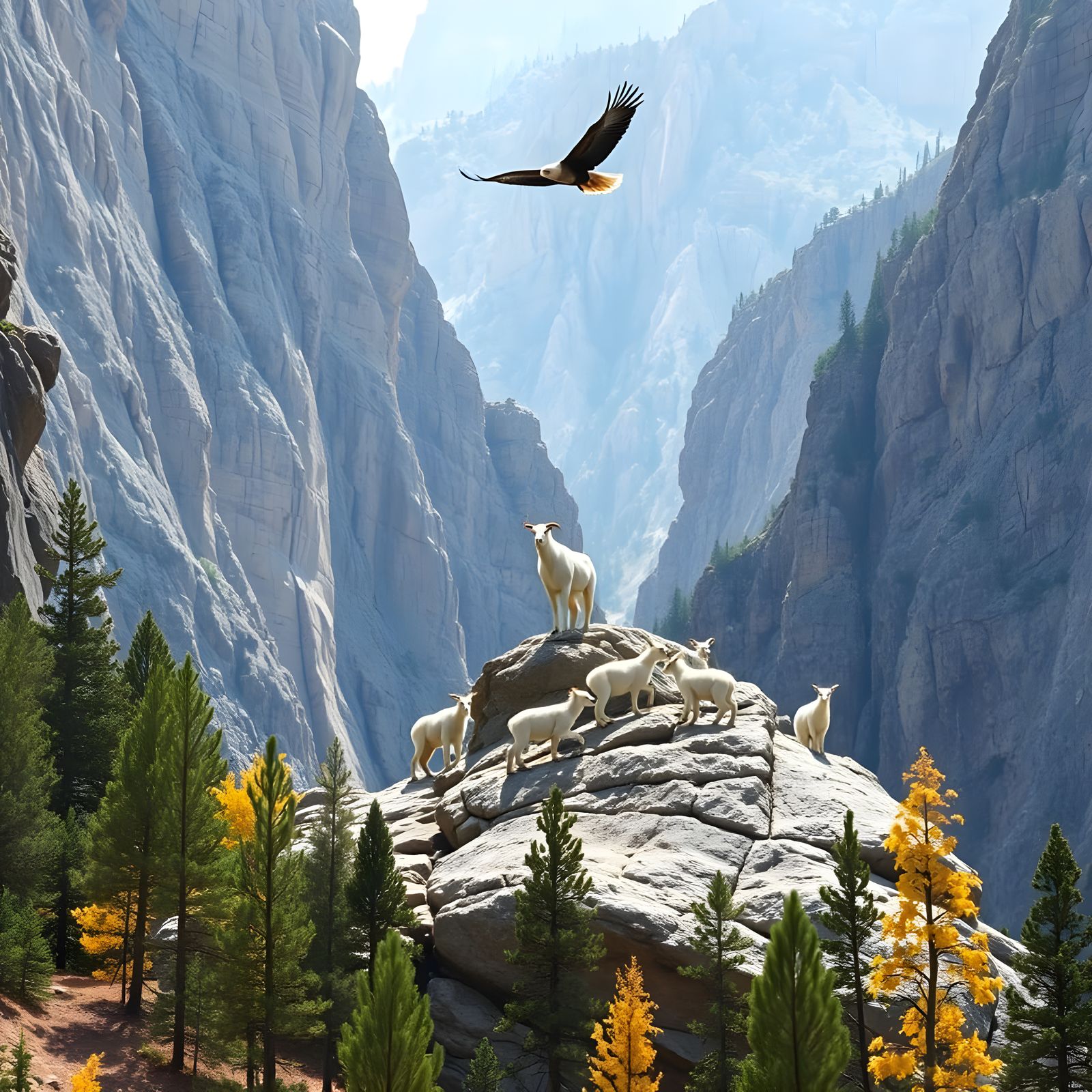 Majestic Canyon Landscape with White Mountain Goats and Bald...