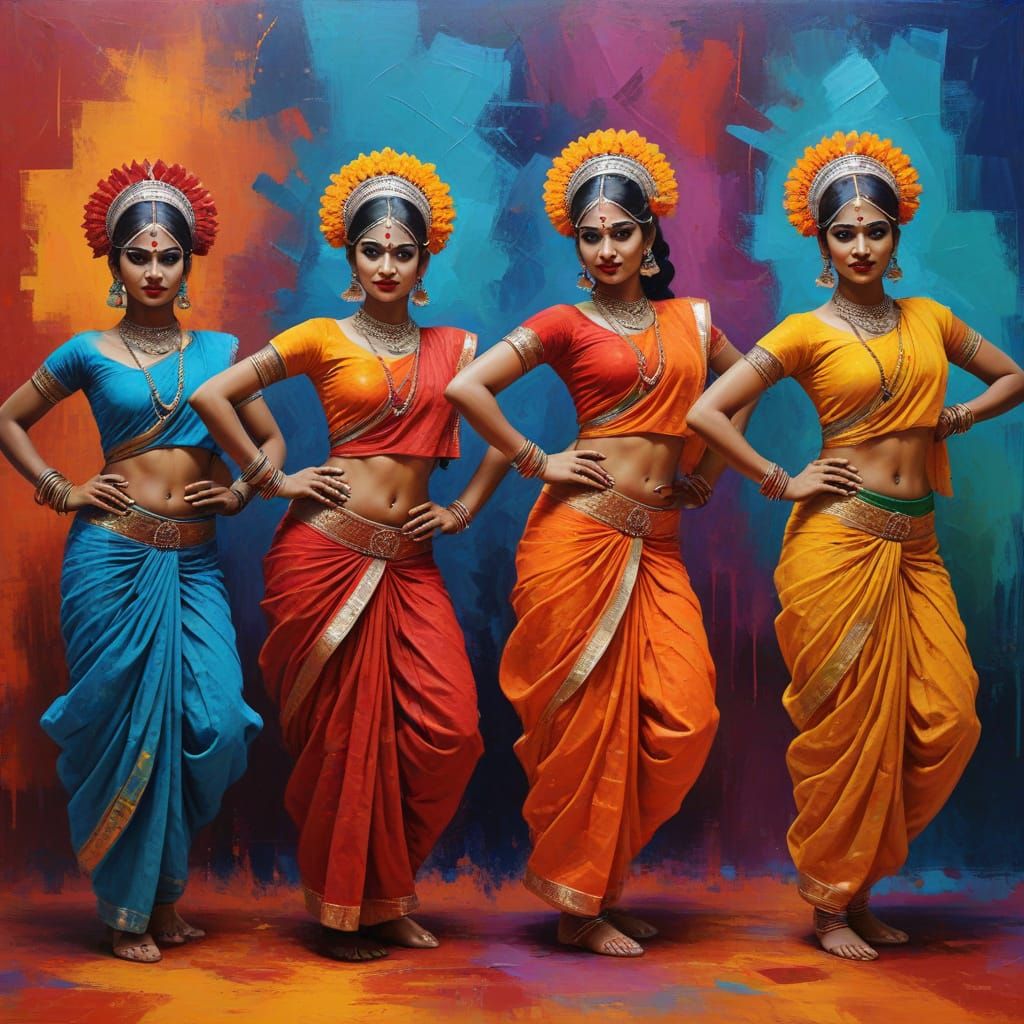 Vibrant Indian Dancers in Whimsical Abstract Art