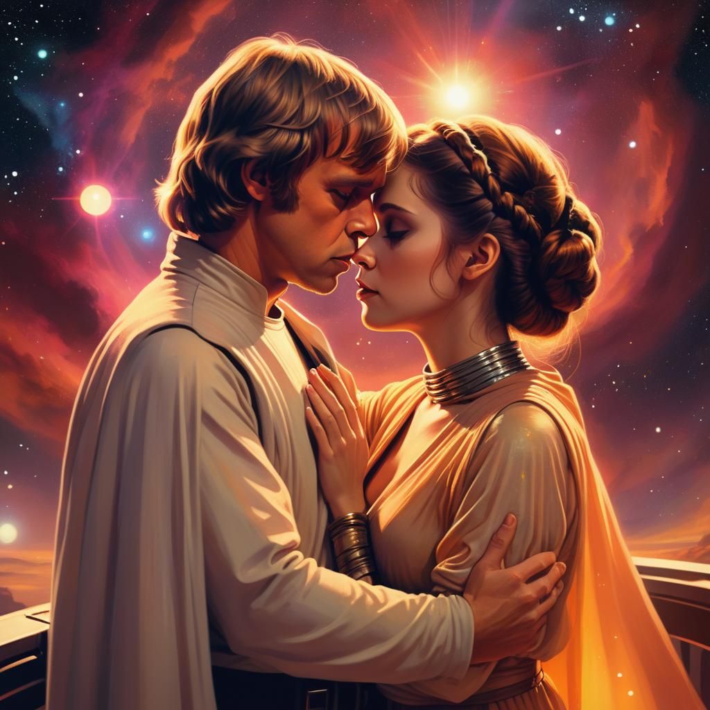 Luke Skywalker kissing Princess Leia Organa, On the bridge of a capitol ship, in space near a gas nebula