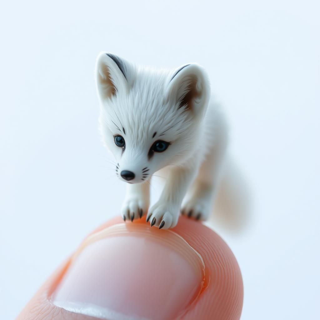Lifelike Microscopic Snow Fox Stands on Human Thumb