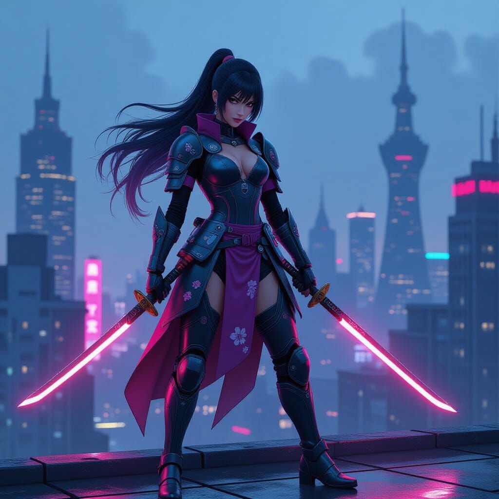 Futuristic Samurai: Marinette Dupain-Cheng in Cyberpunk City...
