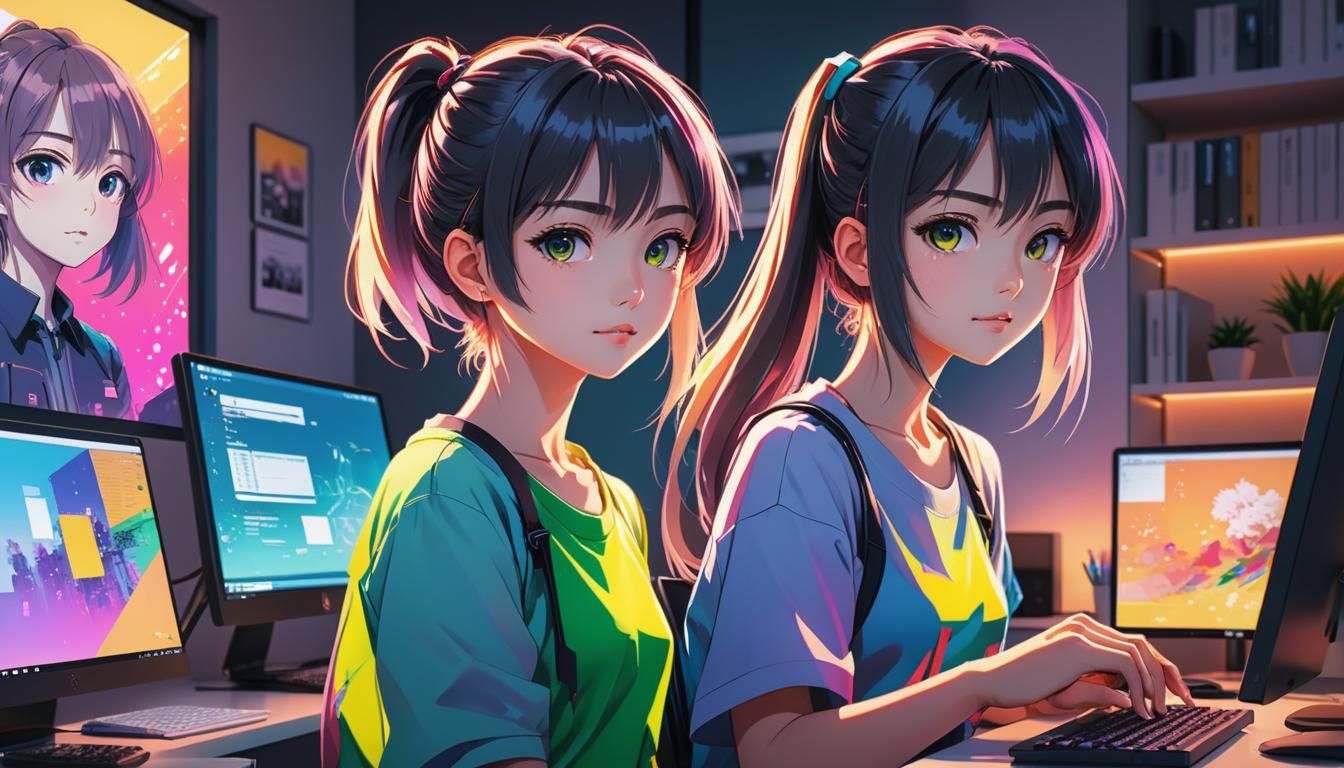 Girl on Computer in Anime Key Visual Style