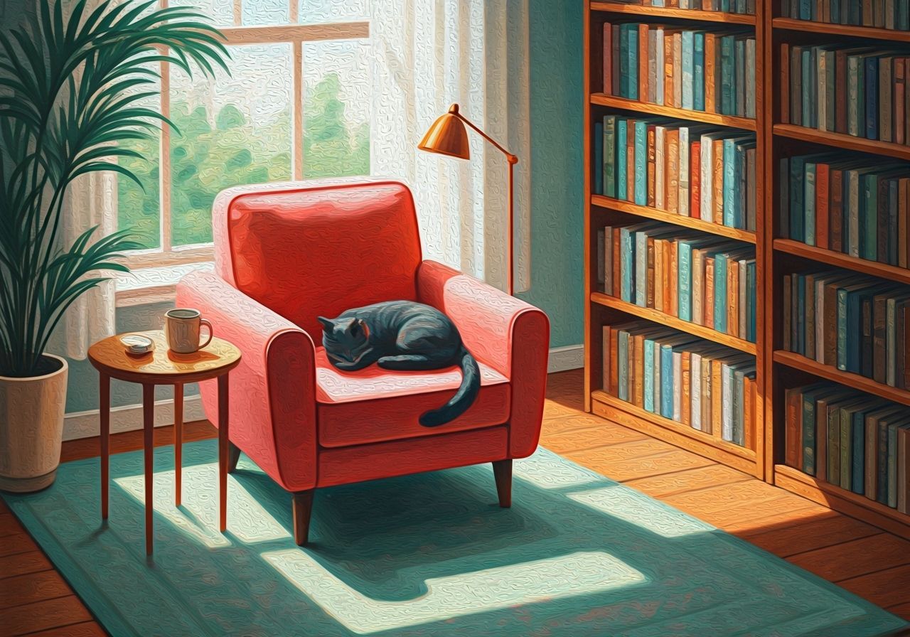 Cozy Reading Nook with Cat in Expressionist Style