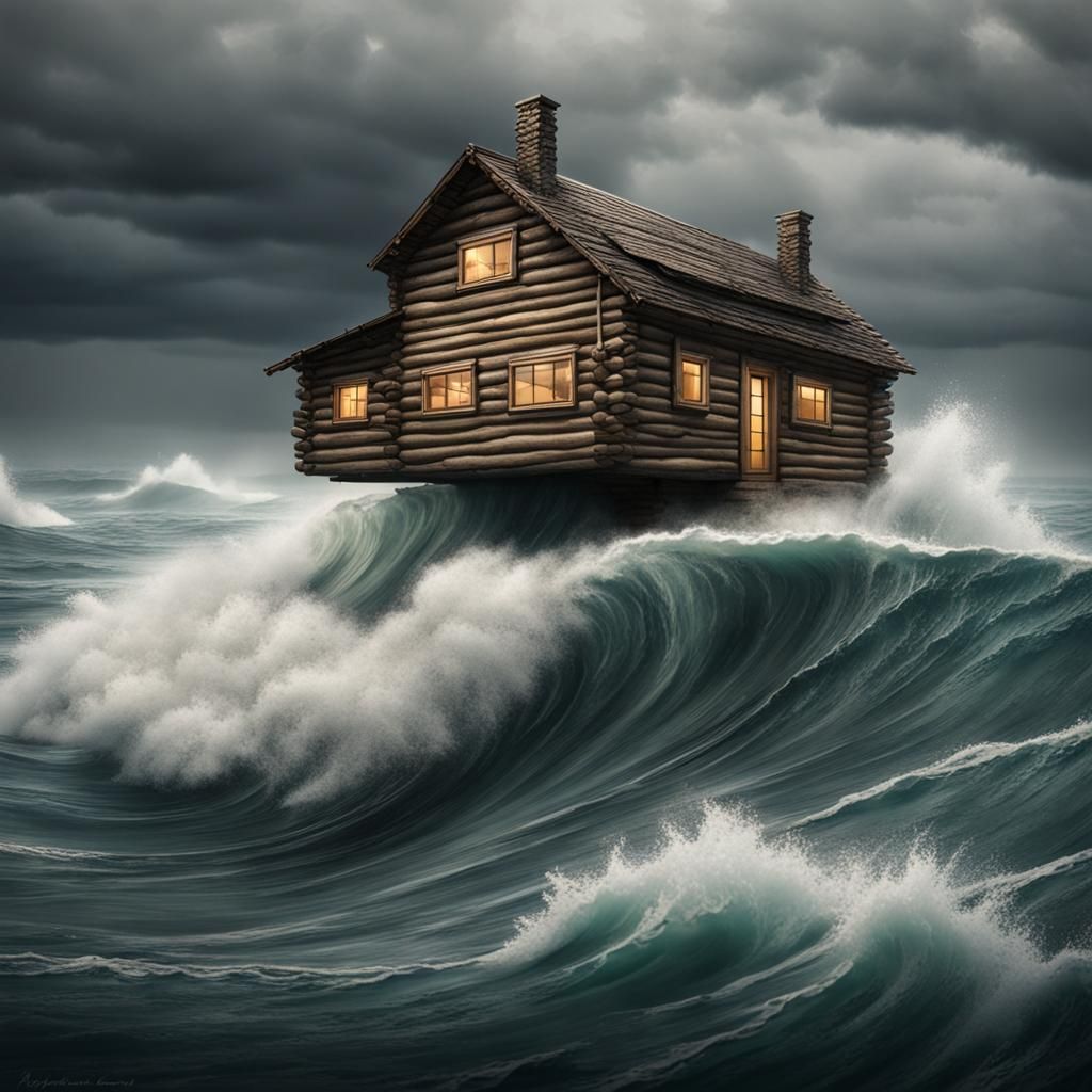 Log cabin floating atop a tall wave in a stormy sea.