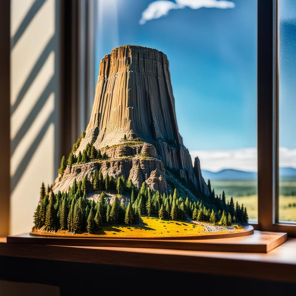 Hyperrealistic Miniature Devil's Tower on Window Shelf