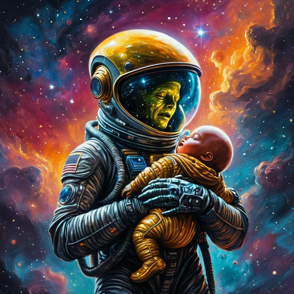 Crying Alien Baby in Space: Cinematic Sci-Fi Art