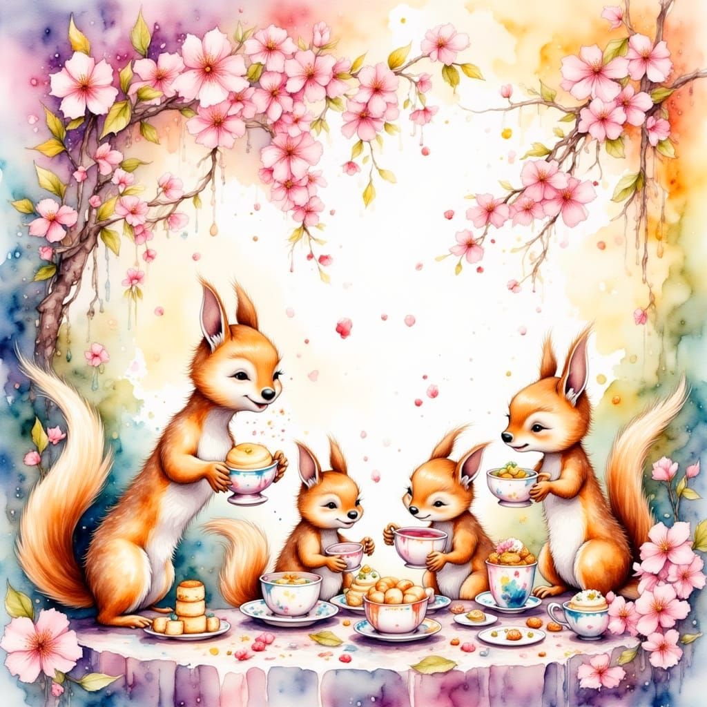 Squirrels' Whimsical Tea Party in Watercolor Style