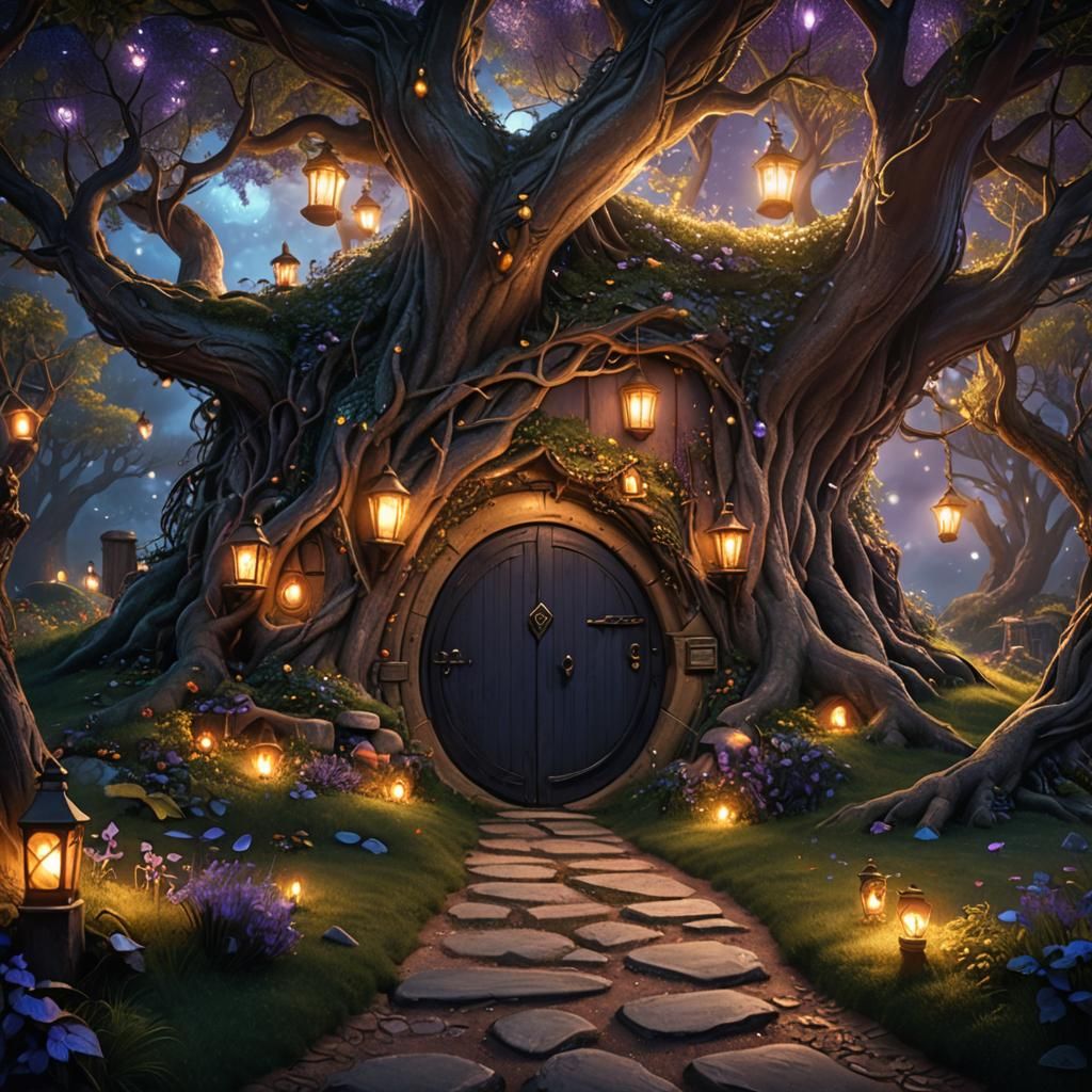 Mystical Hobbit Hole Doorway at Night