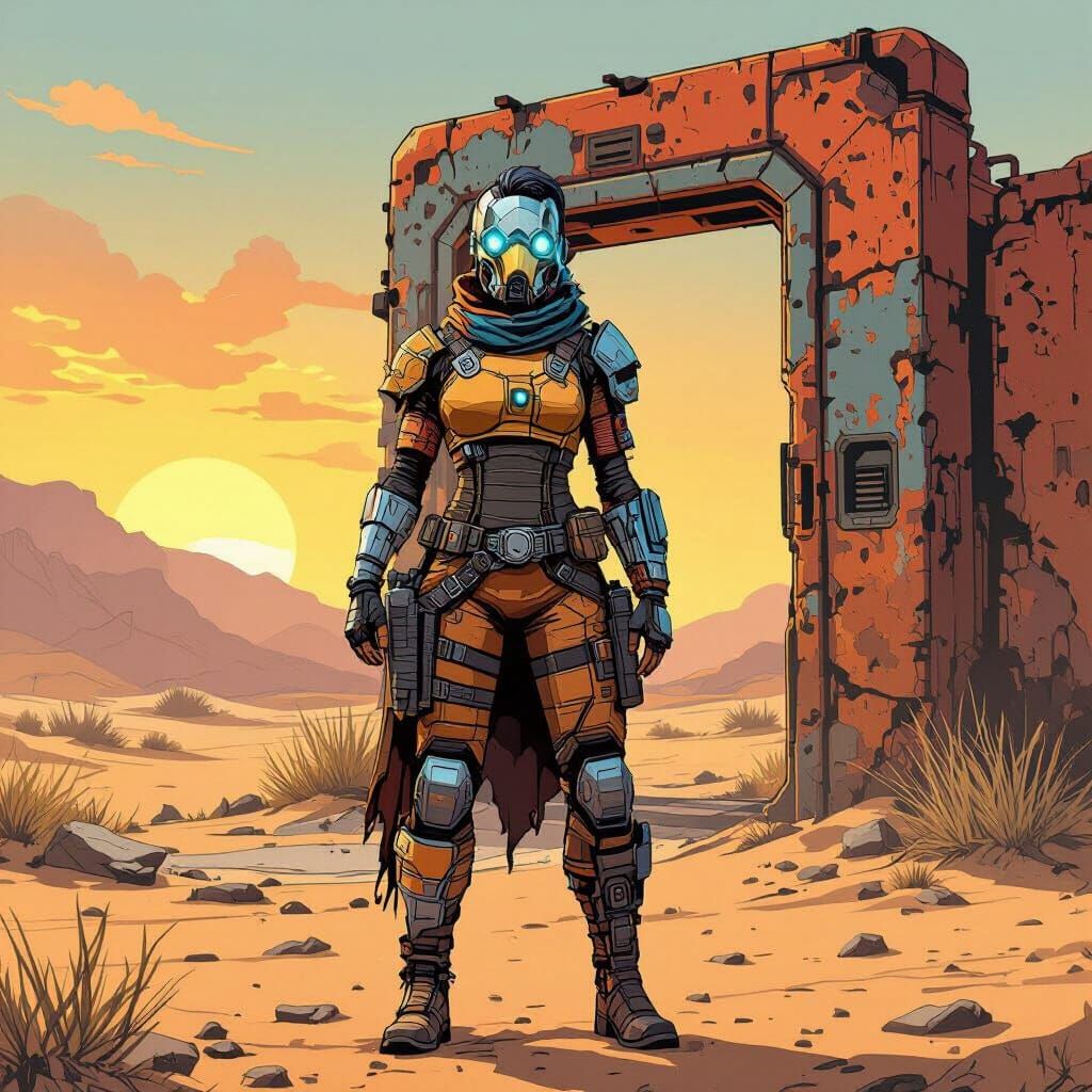 Borderlands Vault Hunter in Desert Wasteland Cel-Shaded Styl...