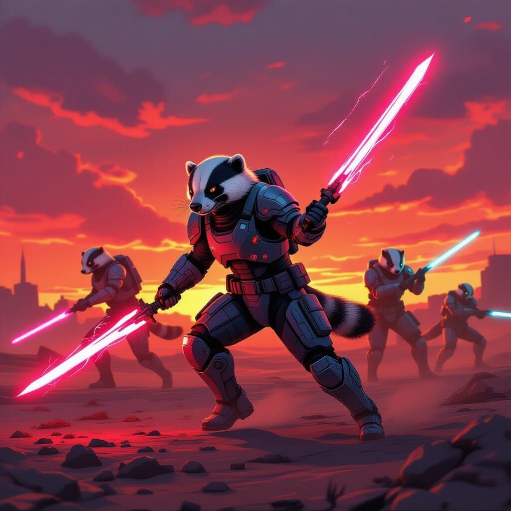 Anime Honey Badgers Charging with Energy Swords