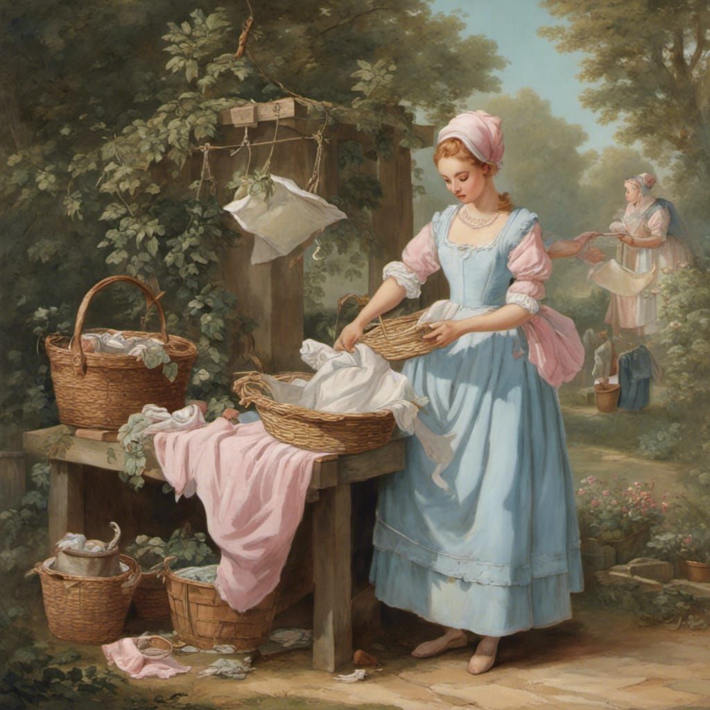 Cinderella Doing Laundry in Rococo Garden