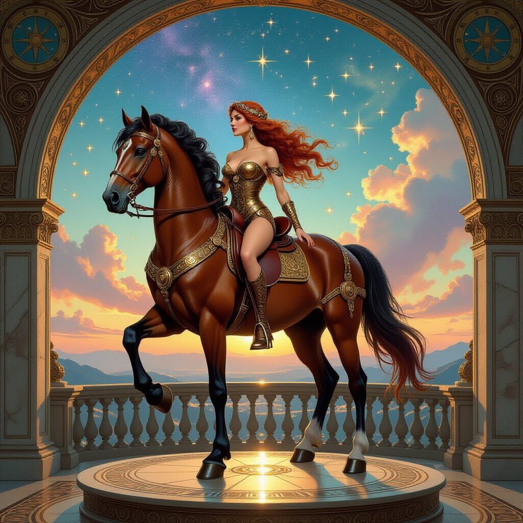 Centaur Woman in Celestial Observatory, Art Nouveau Style