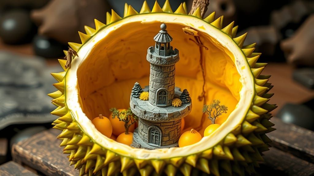 Whimsical Stone Lighthouse Inside a Hollowed Durian Fruit
